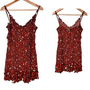 Karlie Boutique Smocked Tiered Mini Dress Rust Leopard Print